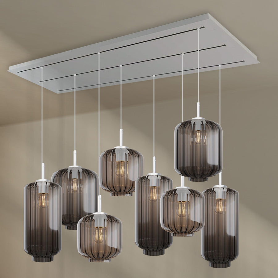 Suspension de table Velo 8 lumières sur 3 rangées, longueur 200 cm, verres Ø 18, 20 et 25 cm