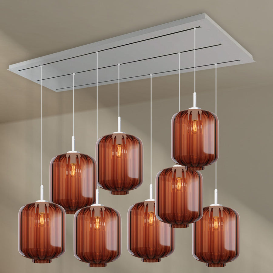 Suspension de table Velo 8 lumières sur 3 rangées, longueur 200 cm, verres Ø 25 cm