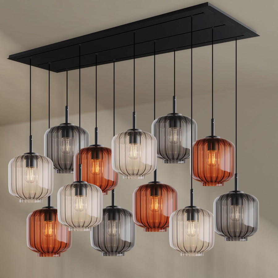 Suspension de table Velo 12 lumières sur 3 rangées, longueur 200 cm, verres Ø 20 cm
