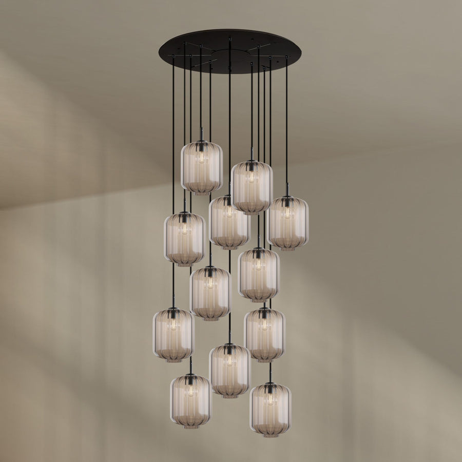 Suspension grande hauteur Velo 12 lumières, rosace Ø 80 cm, verres Ø 25 cm