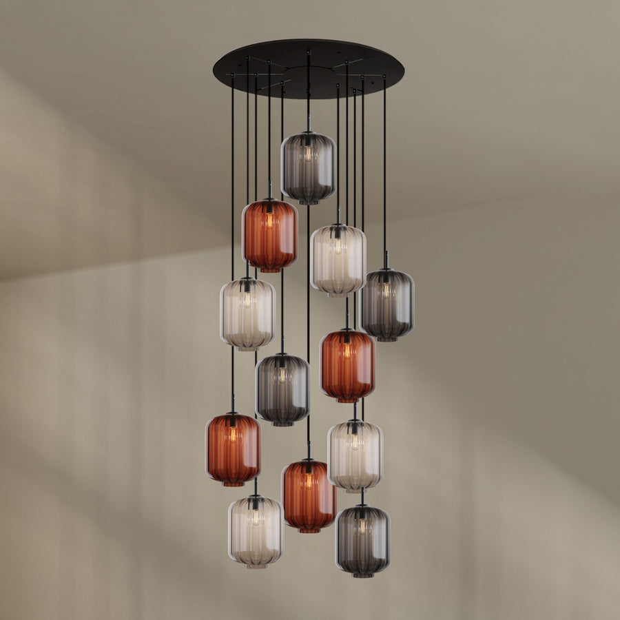 Suspension grande hauteur Velo 12 lumières, rosace Ø 80 cm, verres Ø 25 cm