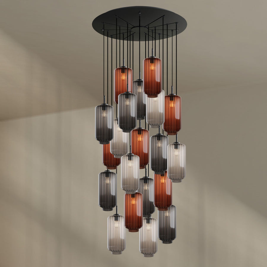 Suspension grande hauteur Velo 20 lumières, rosace Ø 120 cm, verres Ø 18 cm