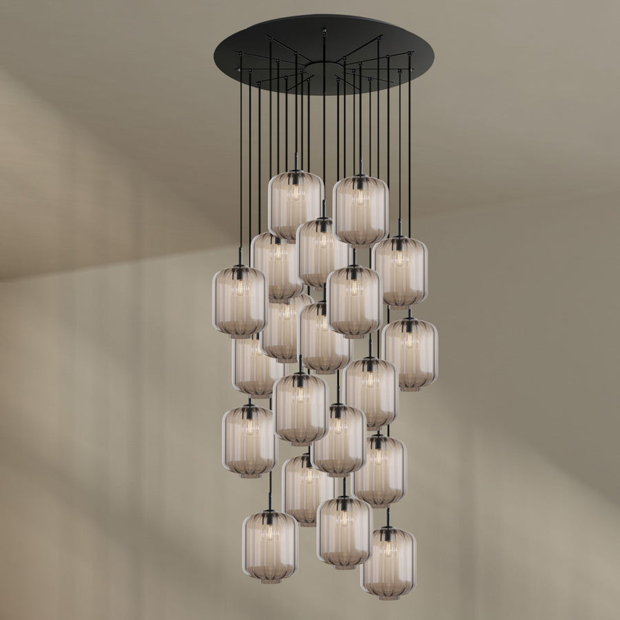 Suspension grande hauteur Velo 20 lumières, rosace Ø 120 cm, verres Ø 25 cm