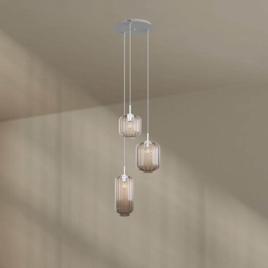 Suspension grande hauteur Velo 3 lumières, rosace Ø 40 cm, verres Ø 18, 20 et 25 cm