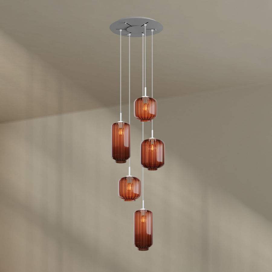 Suspension grande hauteur Velo 5 lumières, rosace Ø 60 cm, verres Ø 18, 20 et 25 cm