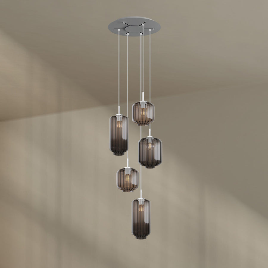 Suspension grande hauteur Velo 5 lumières, rosace Ø 60 cm, verres Ø 18, 20 et 25 cm