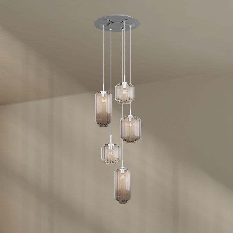 Suspension grande hauteur Velo 5 lumières, rosace Ø 60 cm, verres Ø 18, 20 et 25 cm