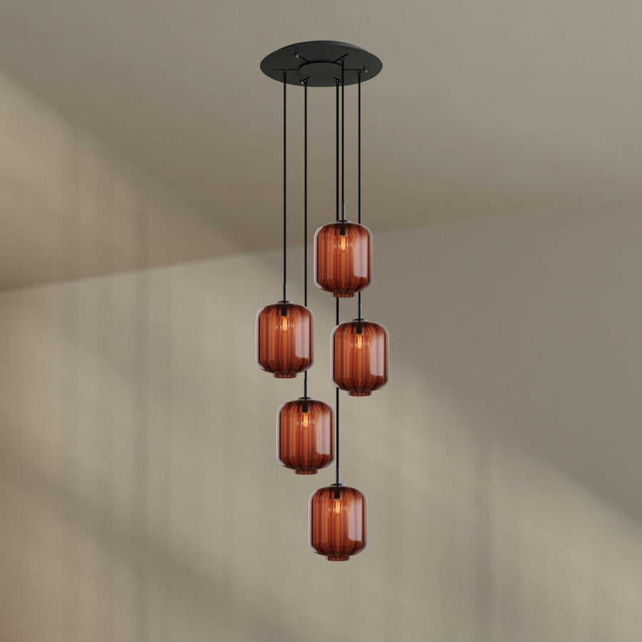 Suspension grande hauteur Velo 5 lumières, rosace Ø 60 cm, verres Ø 25 cm