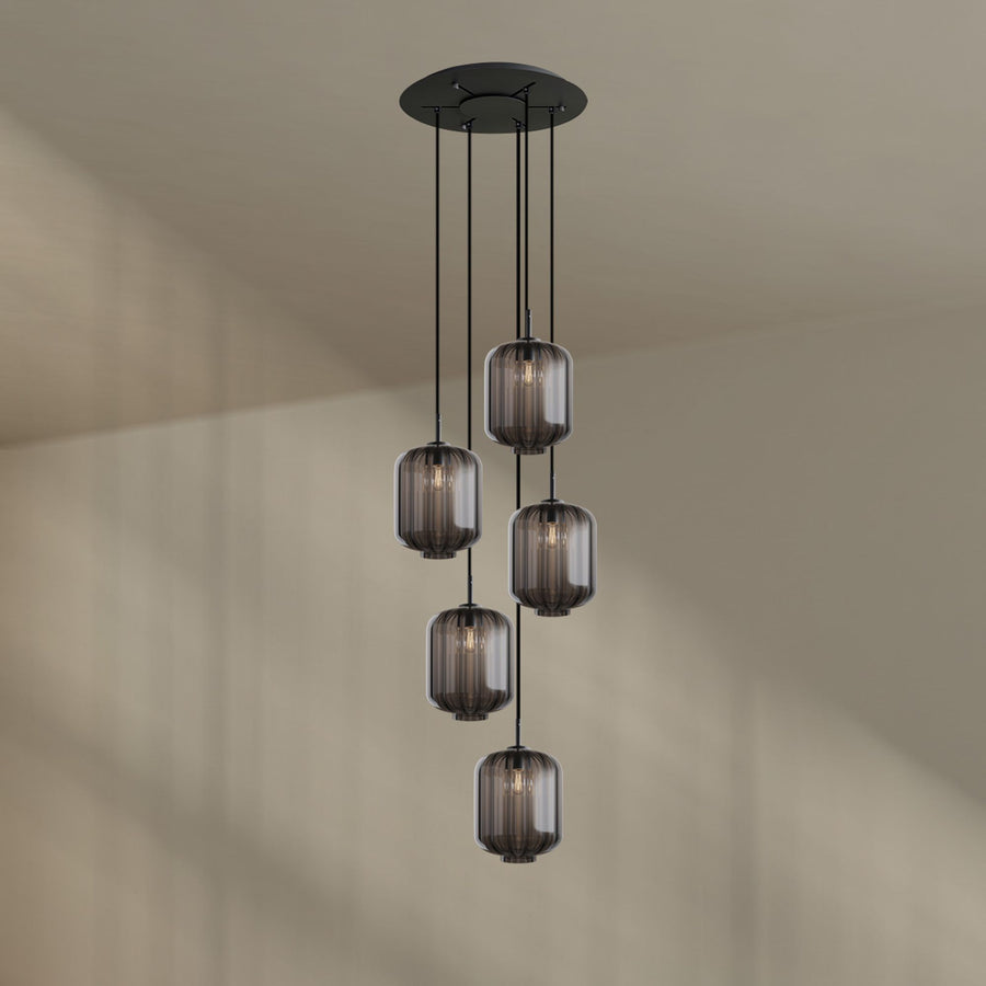 Suspension grande hauteur Velo 5 lumières, rosace Ø 60 cm, verres Ø 25 cm