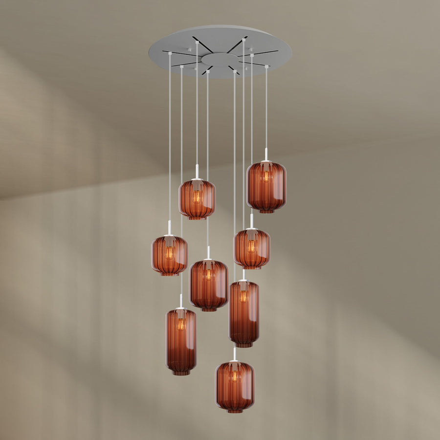 Suspension grande hauteur Velo 8 lumières, rosace Ø 80 cm, verres Ø 18, 20 et 25 cm