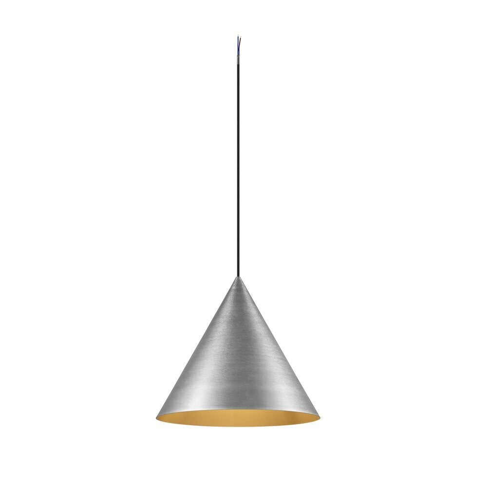 Suspension conique en aluminium brossé avec câble noir et intérieur doré.