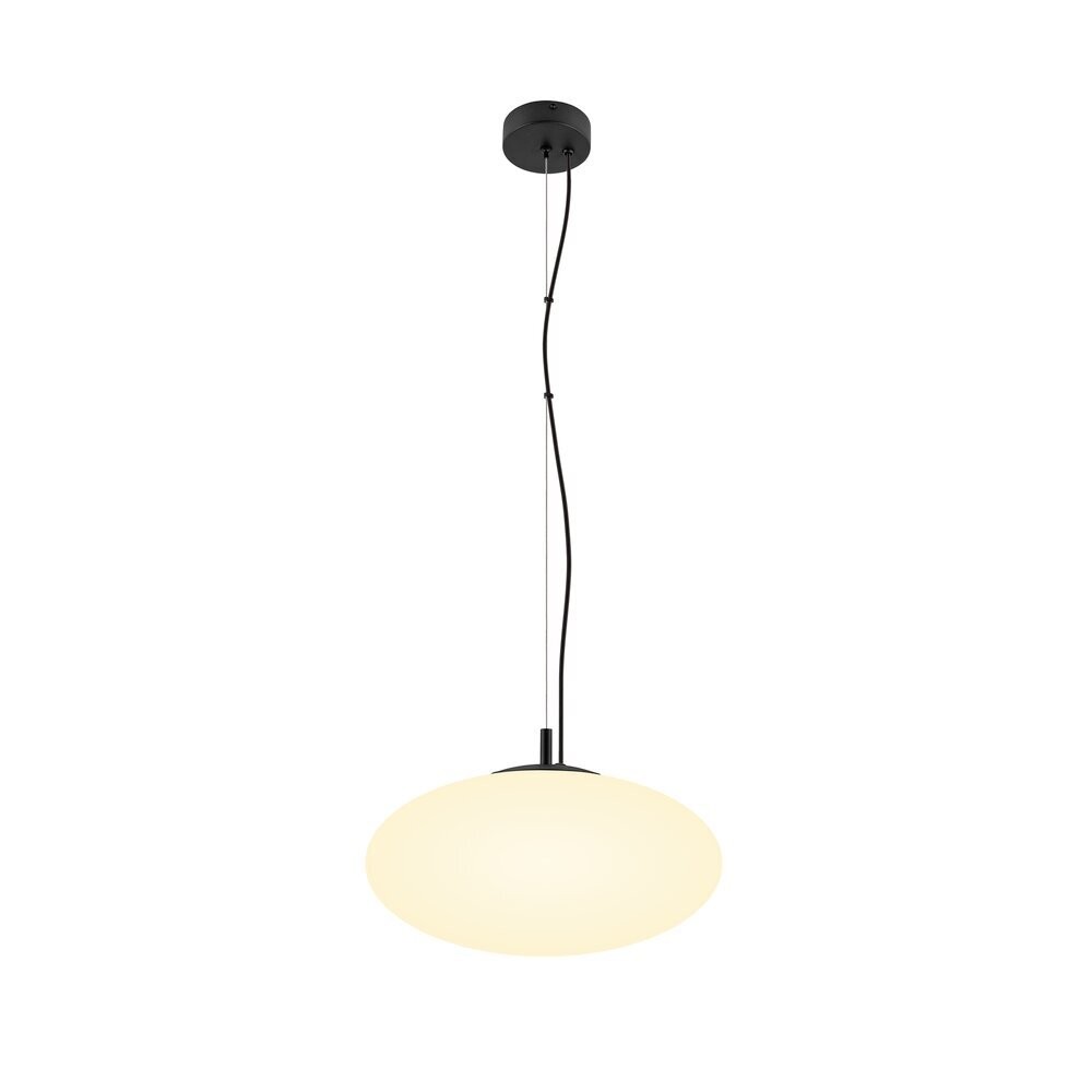 Suspension noire allumée avec diffuseur blanc ovale et câble noir.