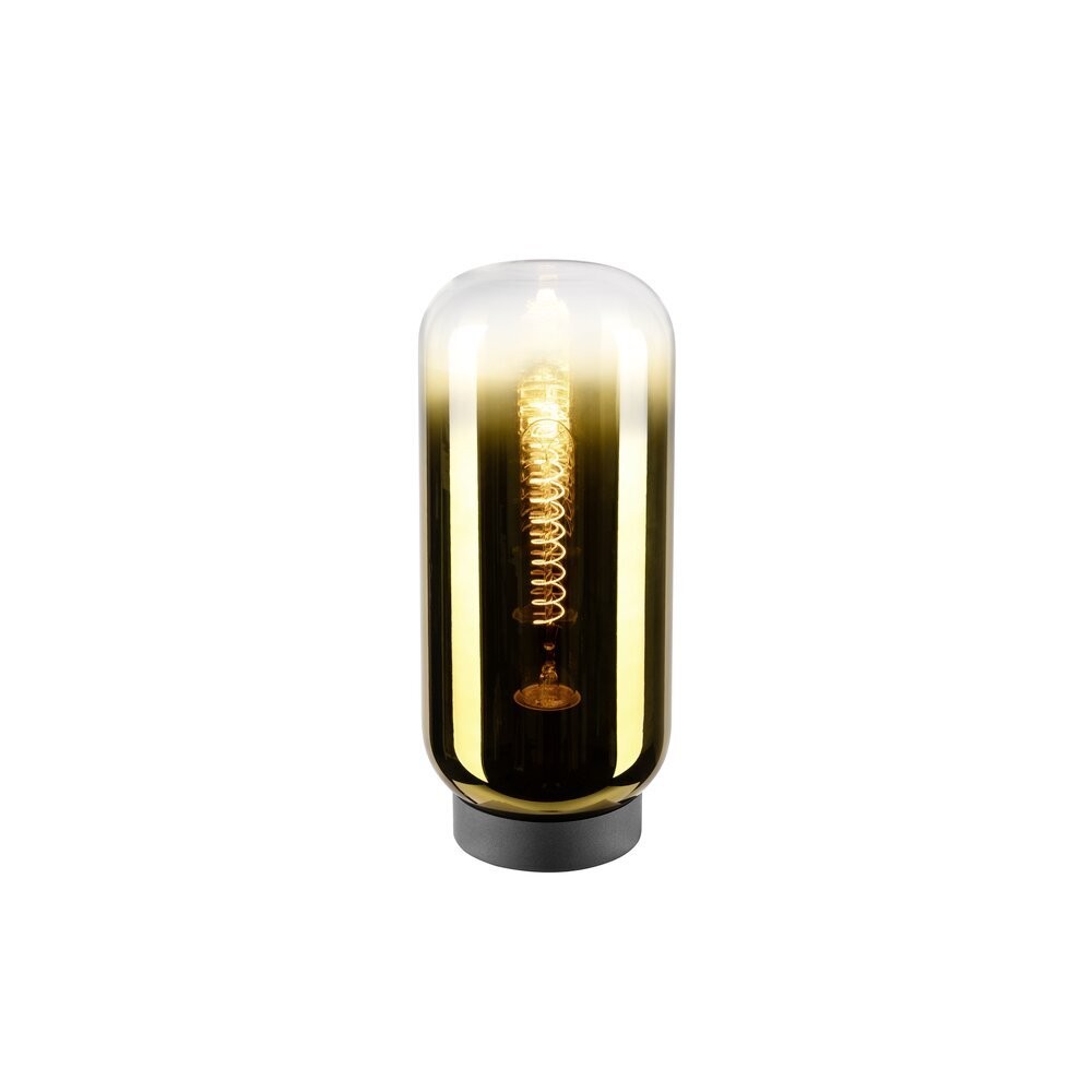 Lampe à poser de face, verre ambré fumé laissant voir l'ampoule filament dorée.