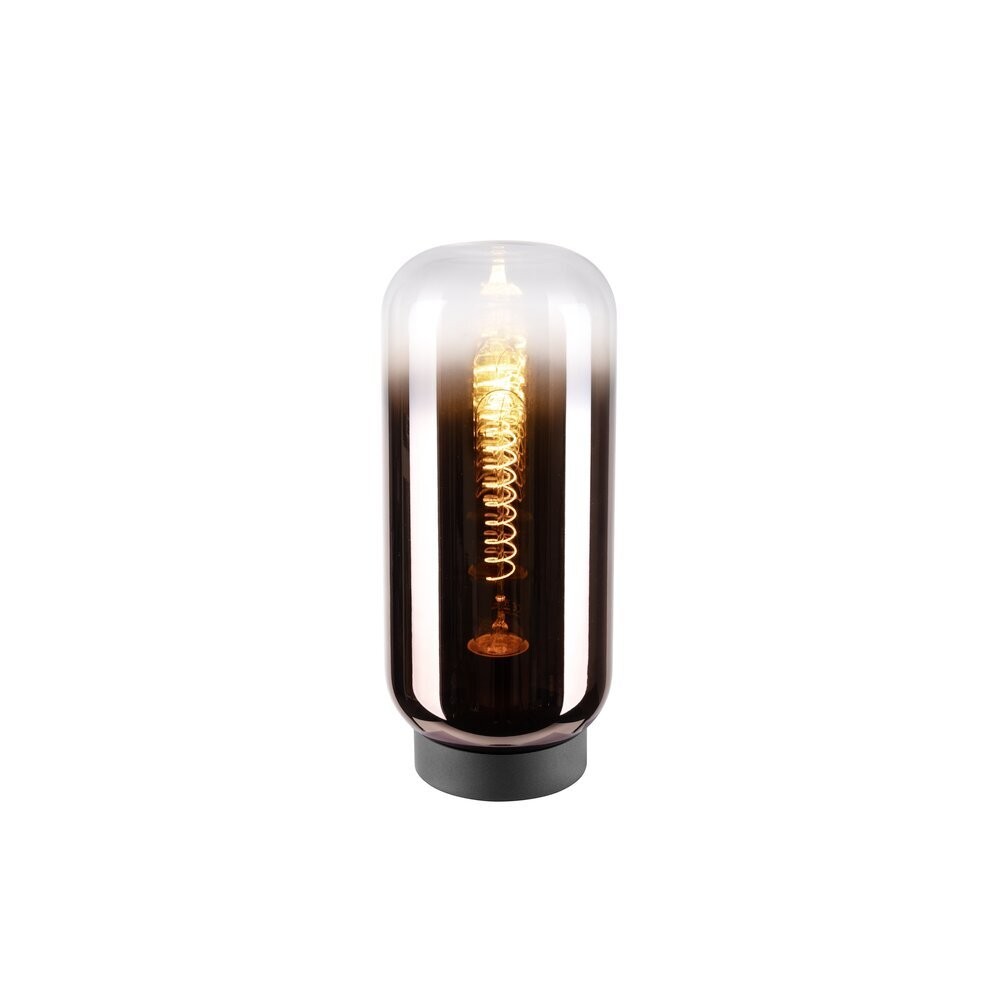 Lampe à poser allumée, verre fumé dégradé et ampoule filament bien visible
