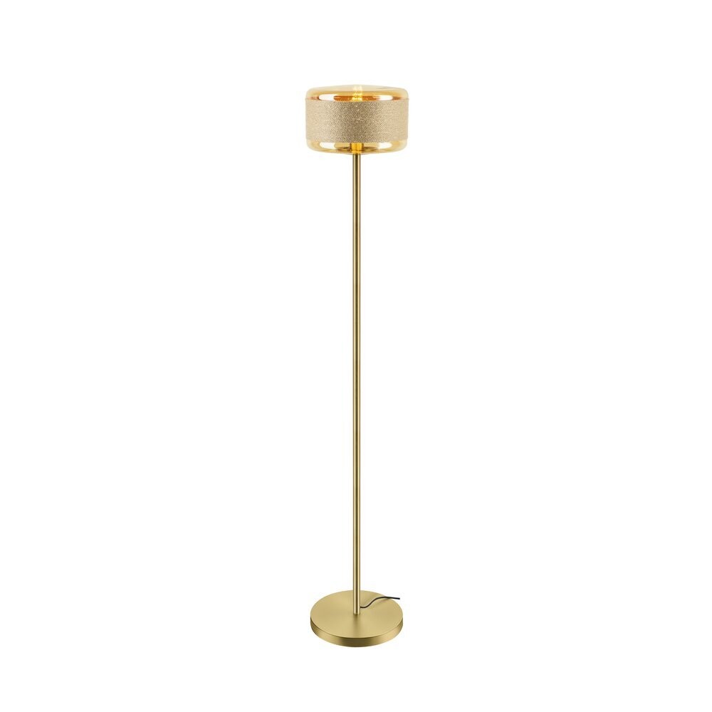 Lampadaire doré de face, abat-jour cylindrique, tige fine et base ronde.