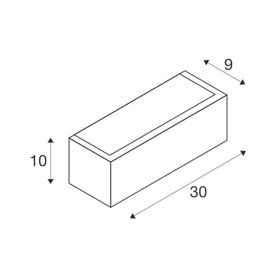 Schéma de dimensions du luminaire rectangulaire avec hauteur, largeur et profondeur indiquées.