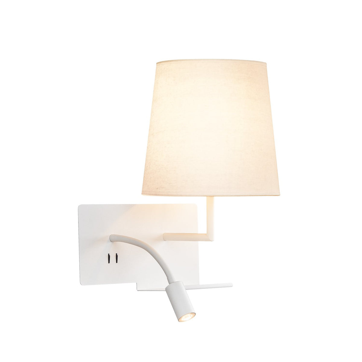 Applique murale blanche de face, abat-jour en tissu et liseuse orientable.