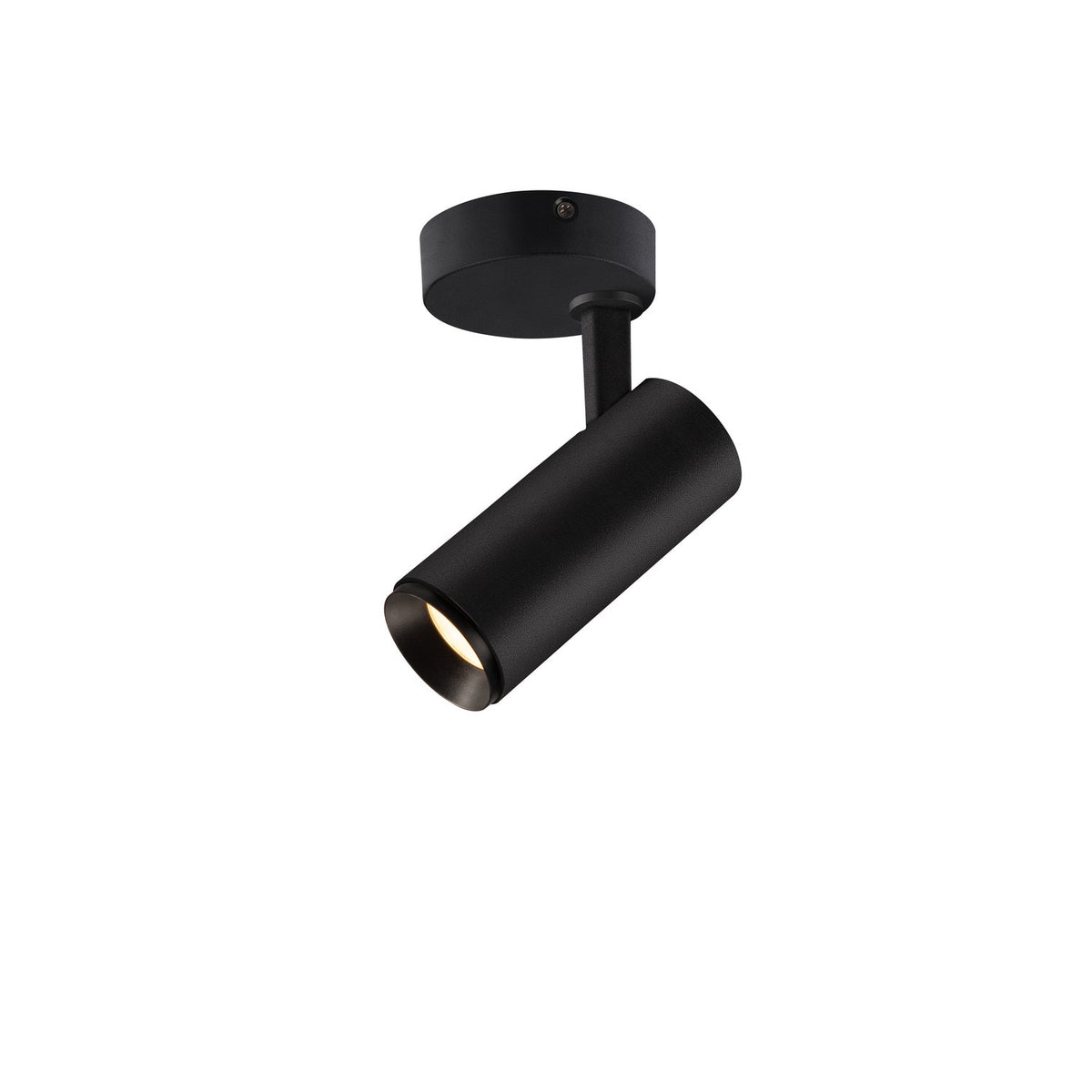 Spot noir orientable vu de face, cylindre incliné sur fond blanc.