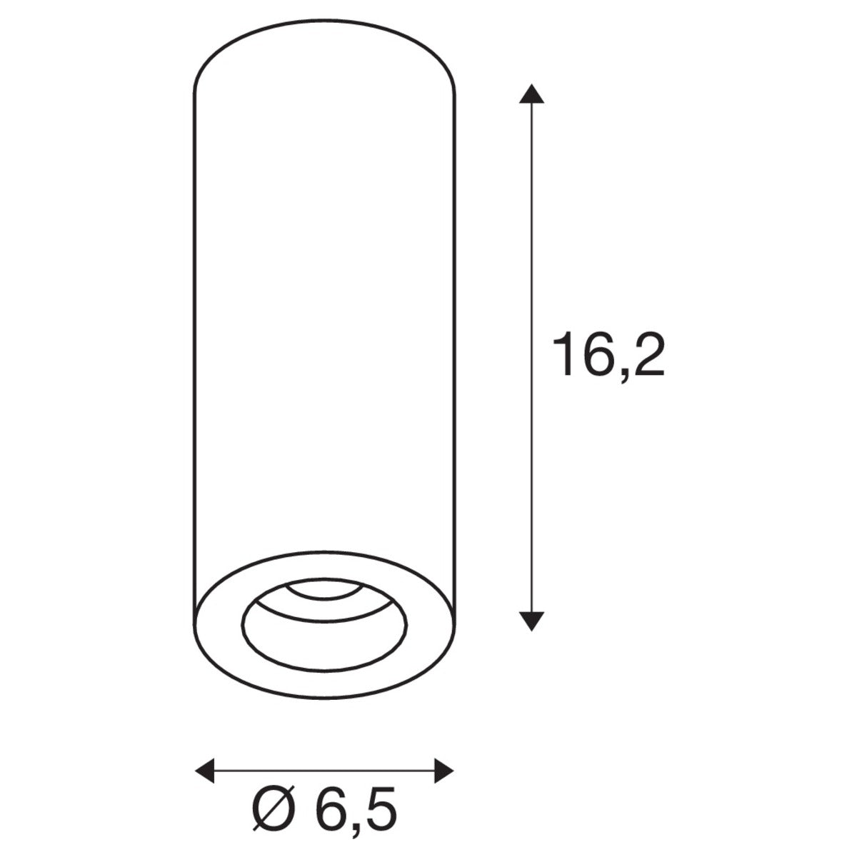 Schéma de dimensions du spot cylindrique, hauteur 16,2 et diamètre 6,5