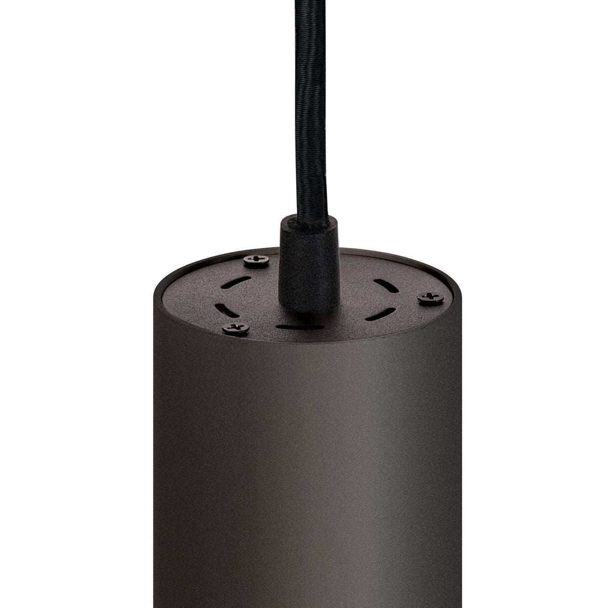 Détail du sommet du cylindre noir, câble tressé et vis de fixation