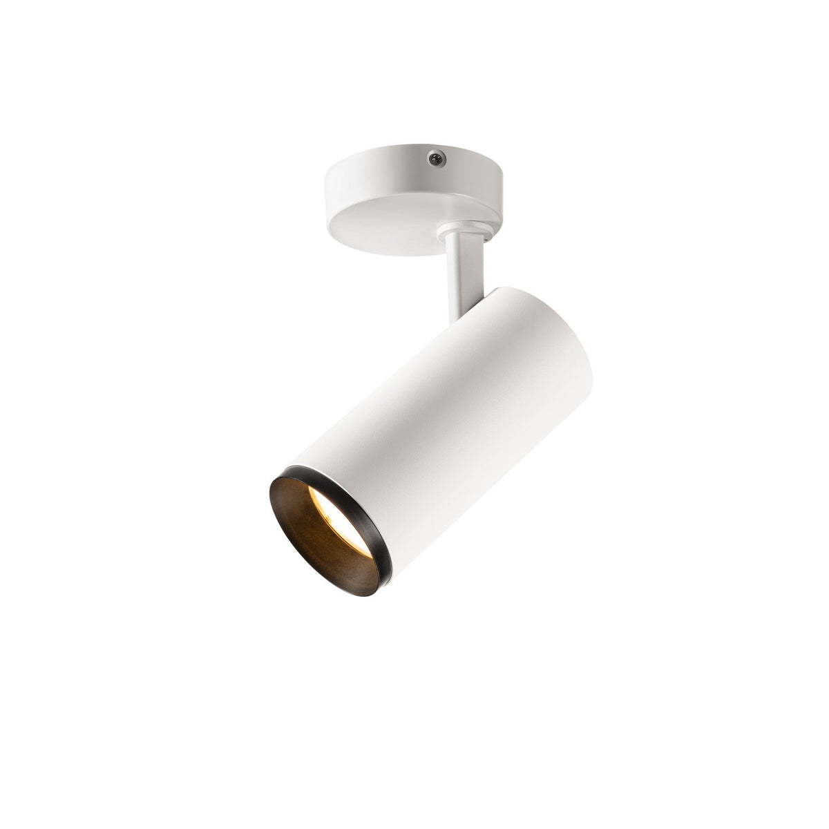 Spot orientable blanc vu de trois quarts, fixé au plafond par une base ronde.