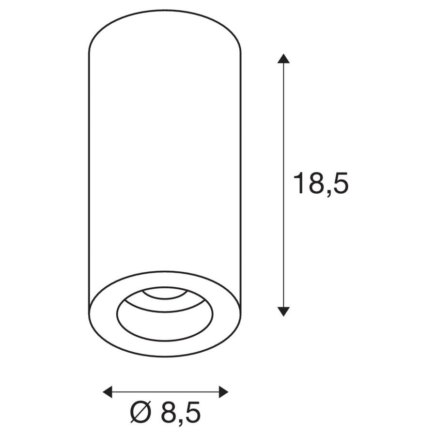 Schéma coté indiquant hauteur 18,5 cm et diamètre 8,5 cm