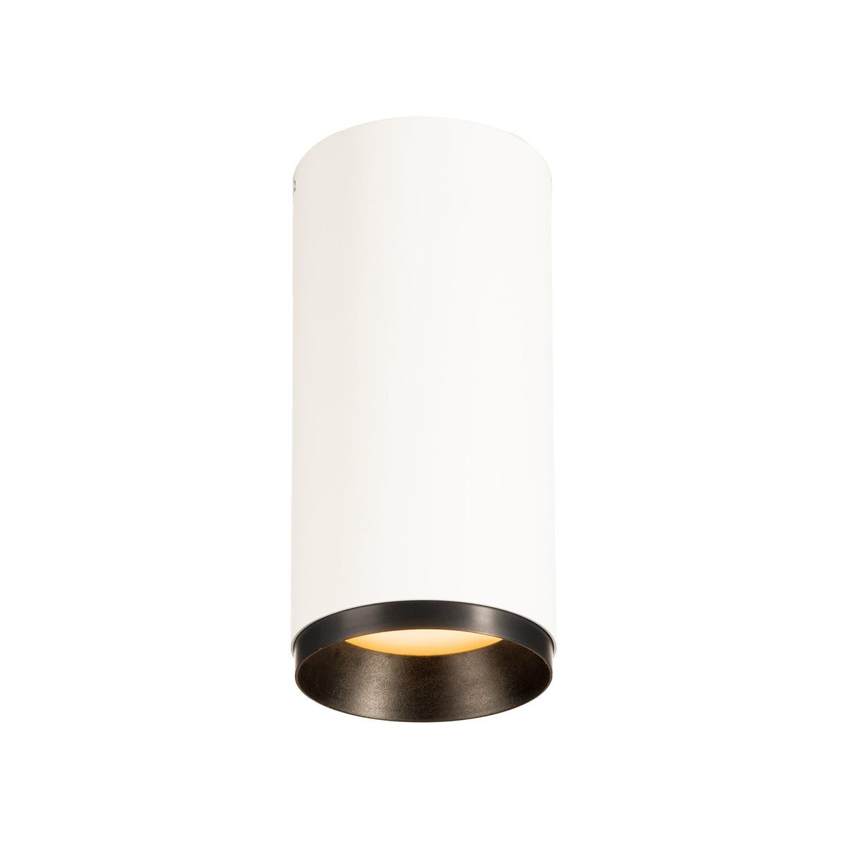 Spot cylindrique blanc fixé au plafond, anneau inférieur noir et lumière chaude.