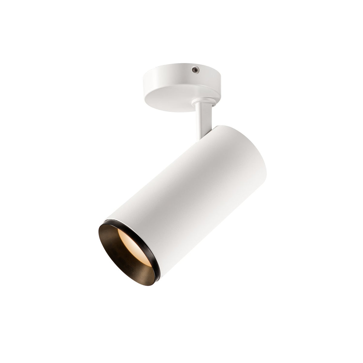 Spot orientable blanc fixé au plafond, présenté de trois quarts sur fond blanc