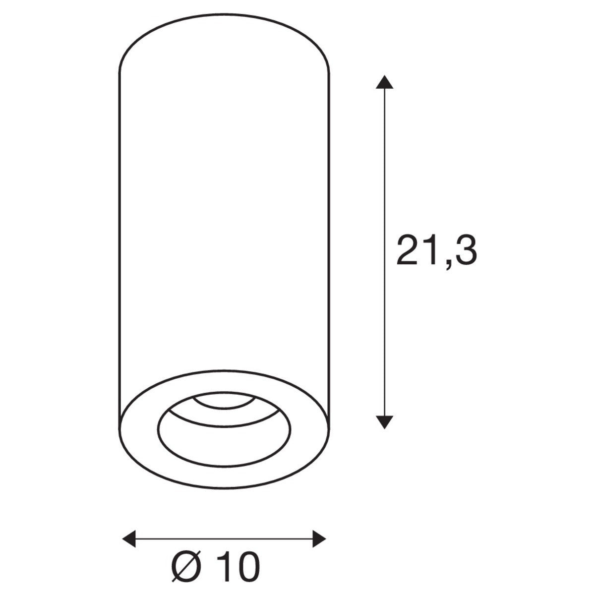 Schéma technique du spot avec hauteur 21,3 cm et diamètre 10 cm.