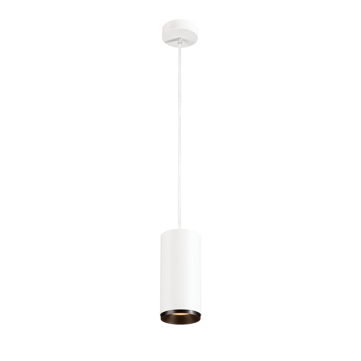 Suspension cylindrique blanche avec câble et rosace, vue de face sur fond blanc