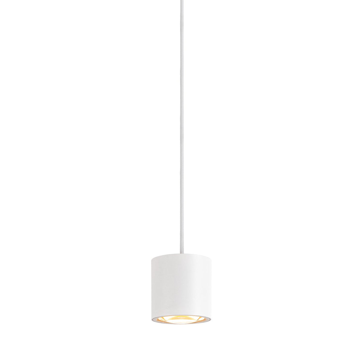 Vue d’ensemble du luminaire blanc cylindrique avec cordon vertical et diffuseur lumineux