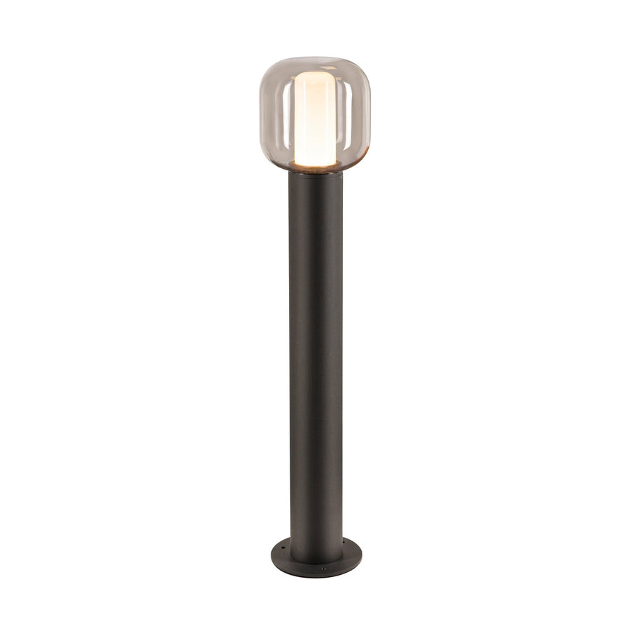 Vue de face du lampadaire, pied cylindrique anthracite et embase circulaire percée.