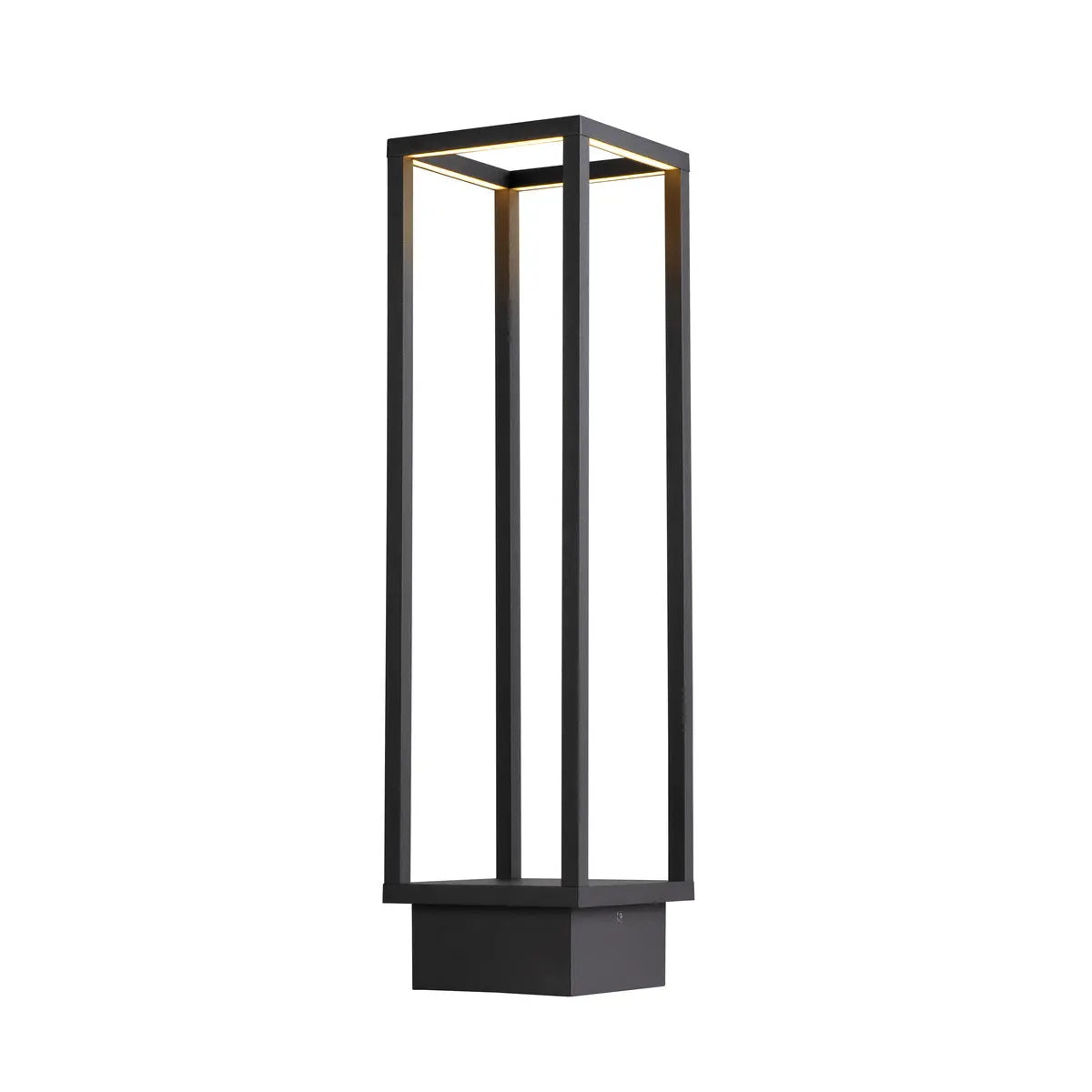 Lampadaire extérieur anthracite de face, structure carrée ajourée et base pleine.