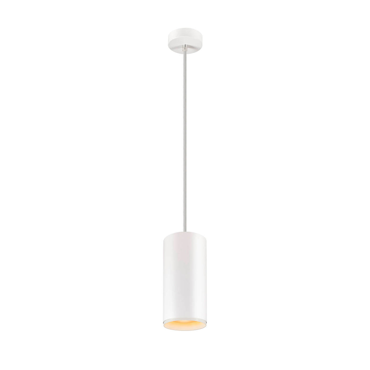 Vue de face du luminaire allumé, halo blanc chaud sous le cylindre.