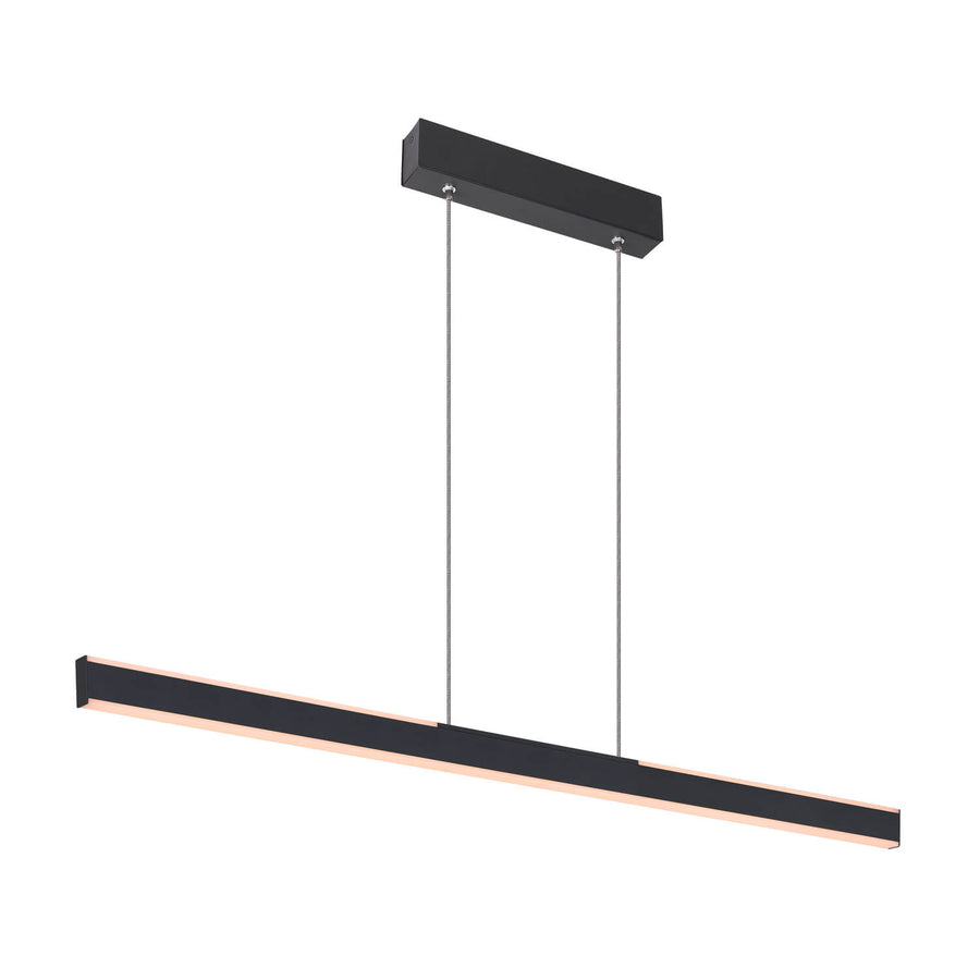Second angle du luminaire suspendu, éclairage chaud soulignant la longue barre noire.