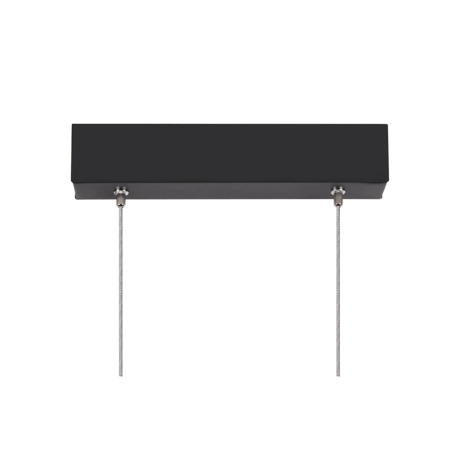Fixation au plafond noire rectangulaire avec deux câbles métalliques tendus.