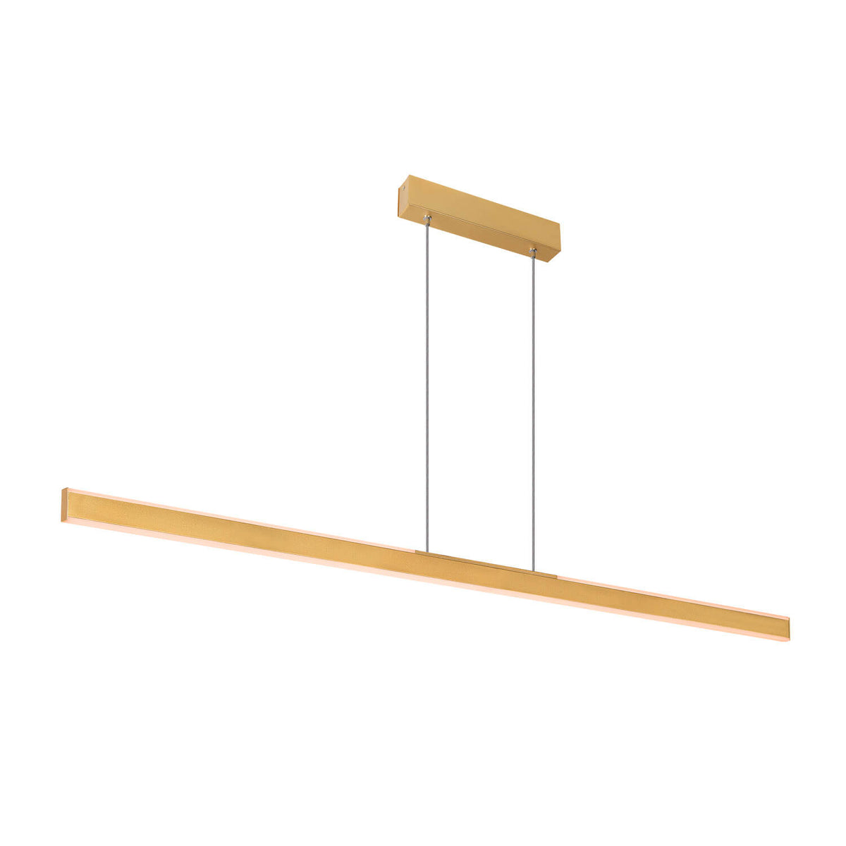 Vue légèrement inclinée du bandeau lumineux en laiton et de ses câbles.