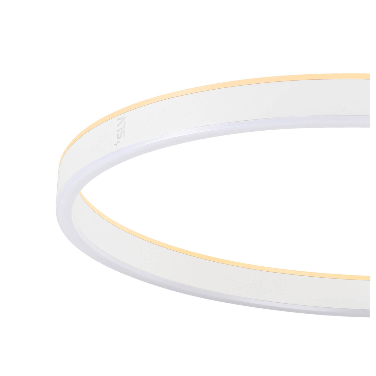 Gros plan sur la tranche de l'anneau LED et son diffuseur blanc lumineux.