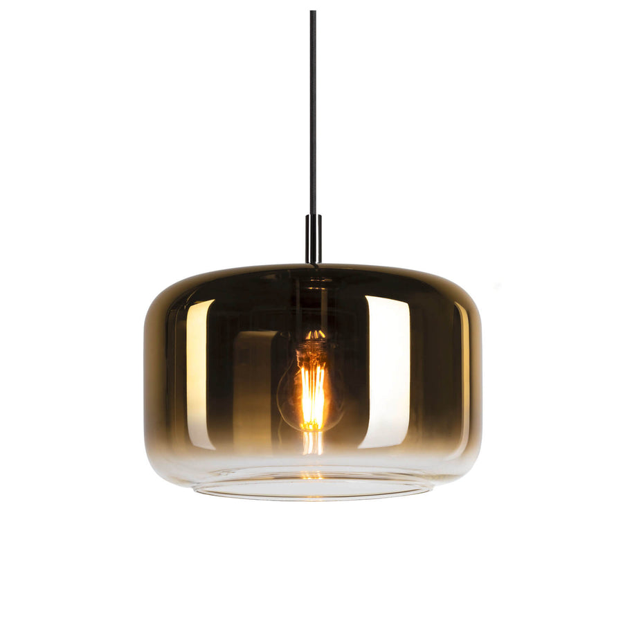 Suspension en verre fumé doré avec câble noir, vue de face sur fond blanc.