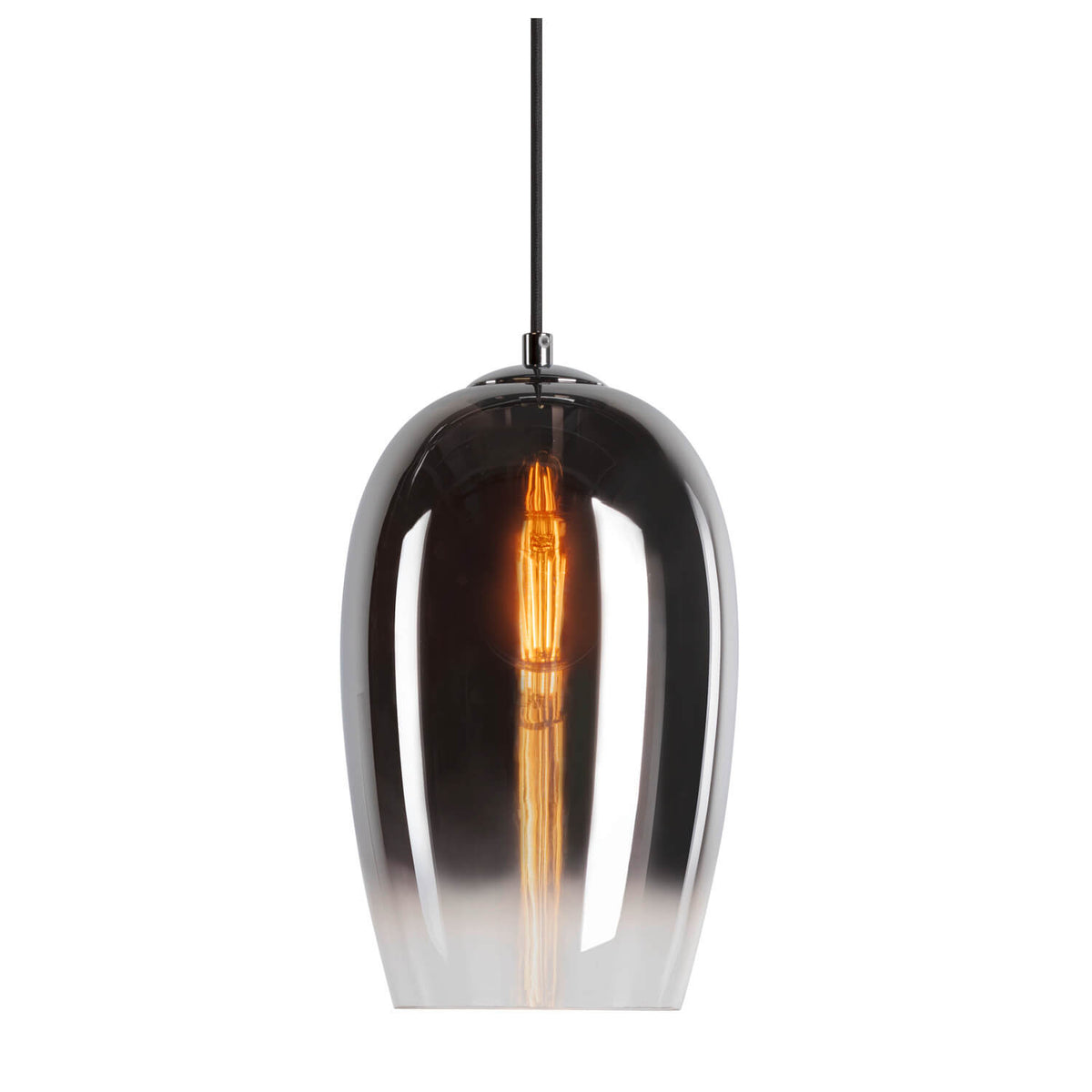 Suspension en verre fumé allumée, vue de face avec câble noir et détail chromé