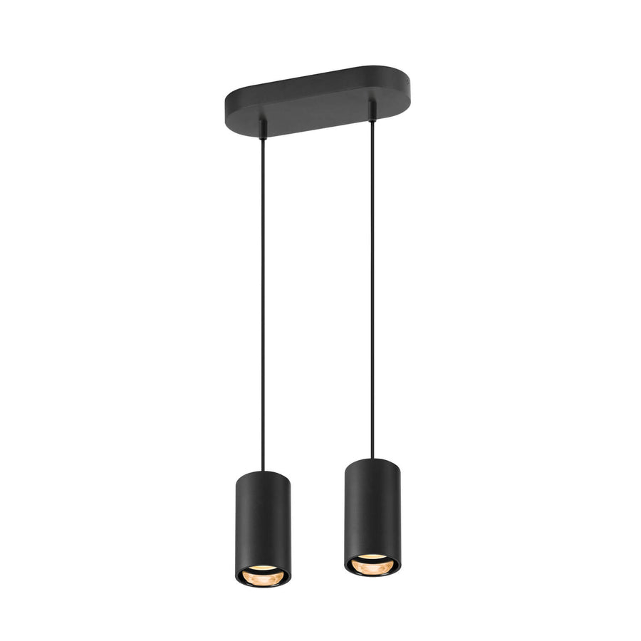 Vue légèrement inclinée du luminaire montrant le support ovale et les deux suspensions.