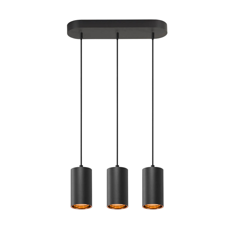 Vue d'ensemble du luminaire suspendu noir à trois sources cylindriques et câbles fins.