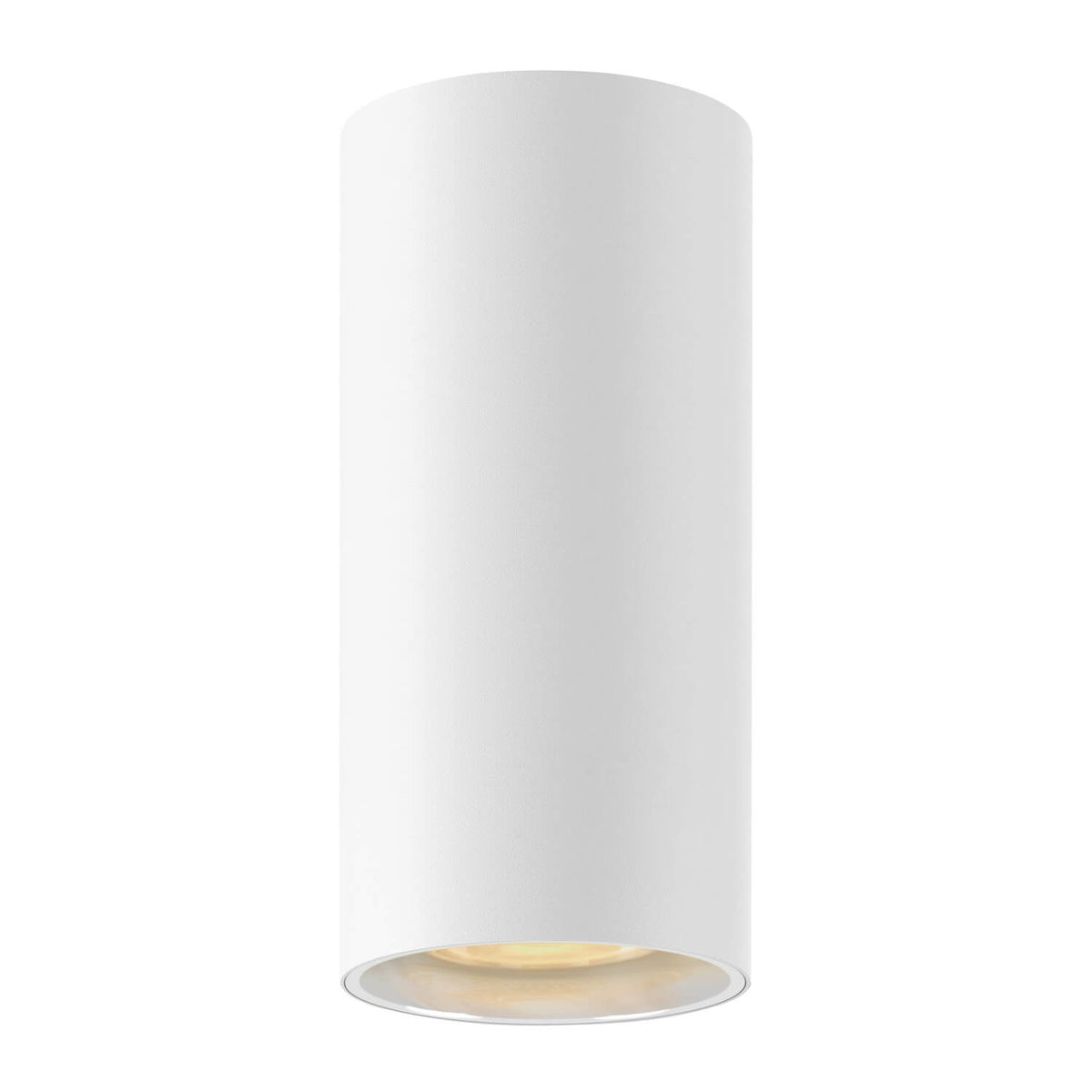 Spot cylindrique blanc vu de face, lumière chaude visible sous le diffuseur.