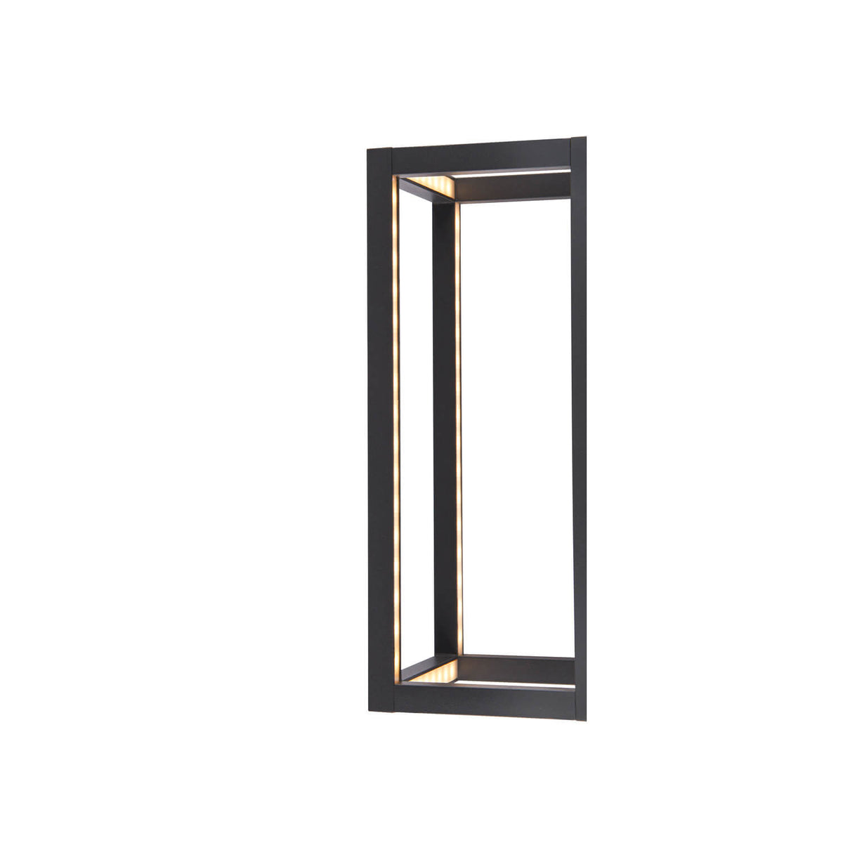 Vue de profil éclairée, cadre anthracite et diffuseur lumineux chaud.