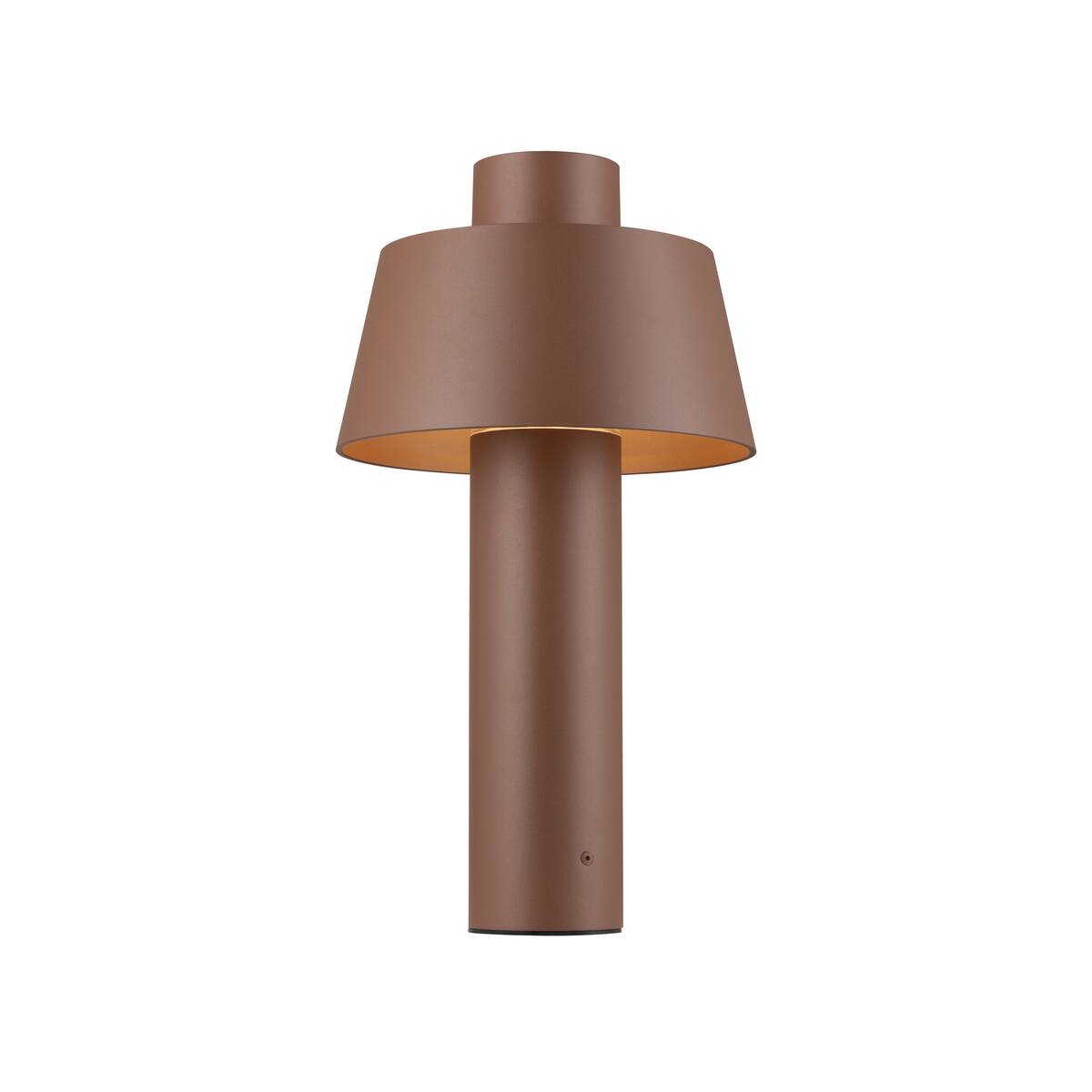 Lampadaire extérieur rouille de face, corps cylindrique et abat-jour conique.