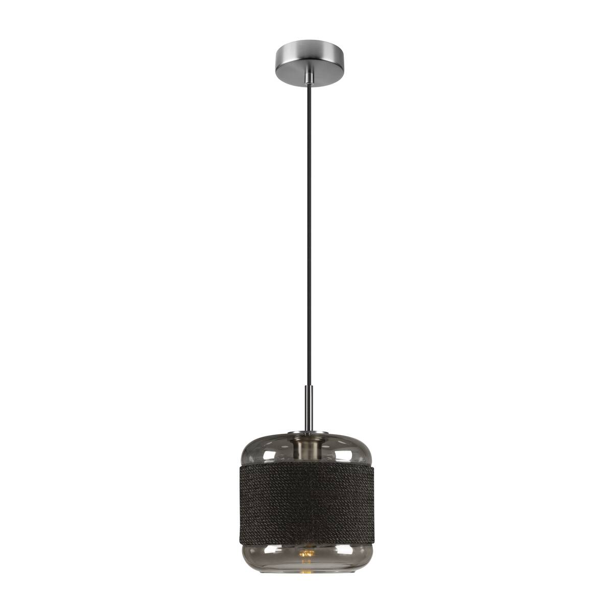 Suspension en verre fumé avec bande de corde noire, vue de face sur fond blanc.