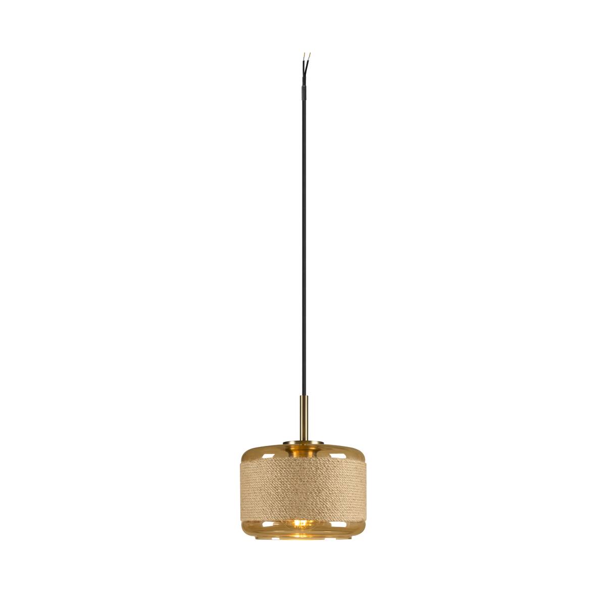 Suspension dorée de face avec abat-jour cylindrique texturé et long câble noir.
