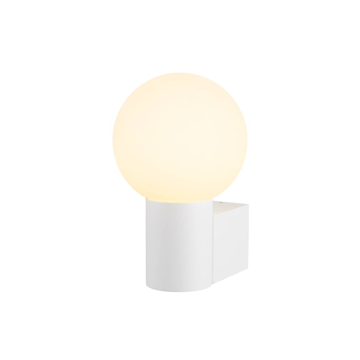 Applique murale blanche avec globe lumineux allumé, présentée de face sur fond blanc