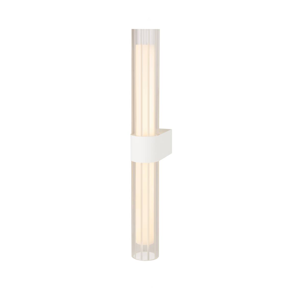 Applique murale verticale en verre strié, fixée par un bandeau blanc central.