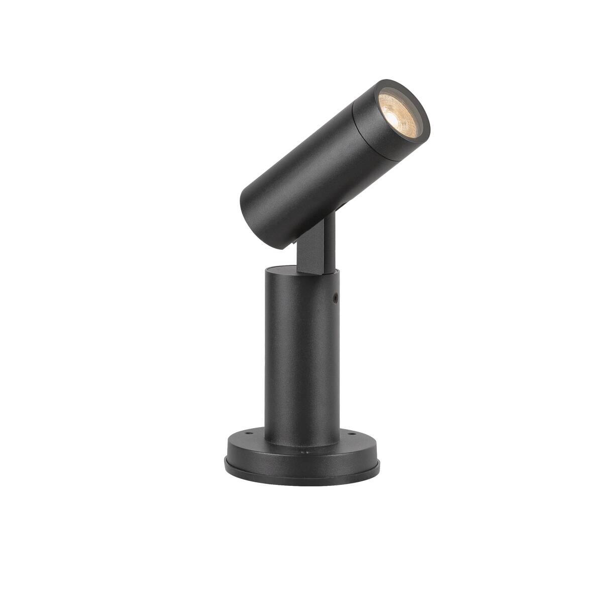 Autre angle du luminaire noir, tête inclinée montrant la base ronde.